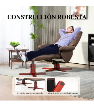 Sillón Relax Reclinable con Reposapiés Tapizado en Tejido Técnico Marco de Madera Función Basculante Marrón Oscuro