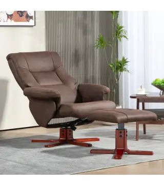 Sillón Relax Reclinable con Reposapiés Tapizado en Tejido Técnico Marco de Madera Función Basculante Marrón Oscuro
