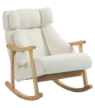 Mecedora Tapizada de Borreguito con Reposacabezas Ajustable y Patas de Madera 65x98x88 cm Crema