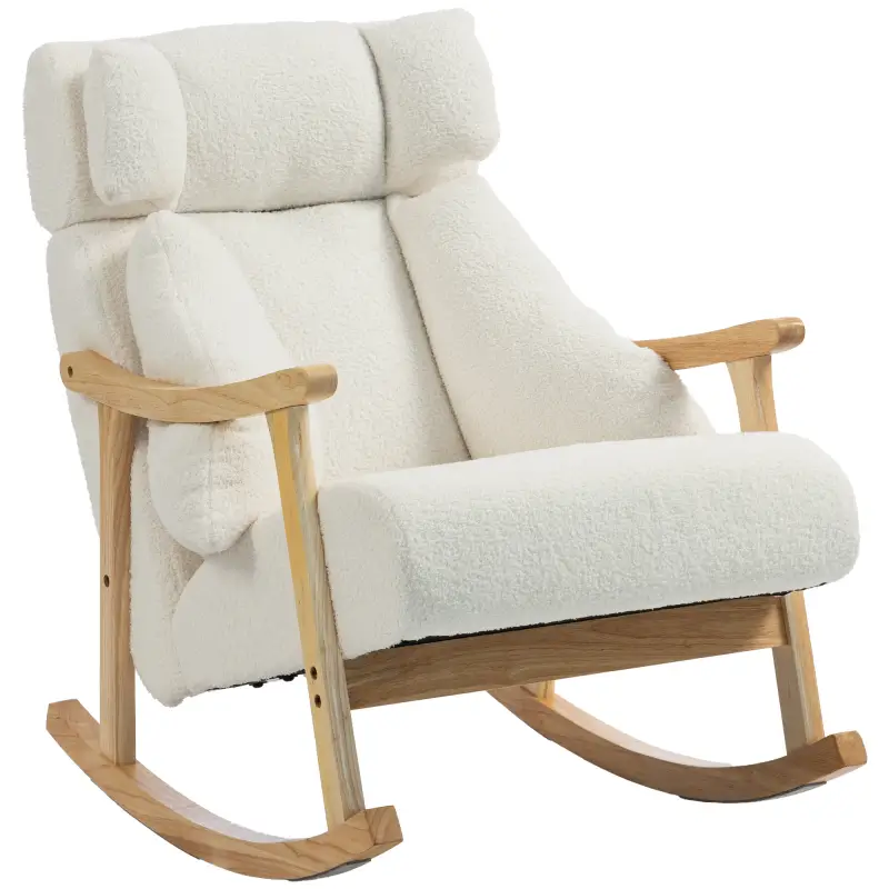 Mecedora Tapizada de Borreguito con Reposacabezas Ajustable y Patas de Madera 65x98x88 cm Crema Mecedora Tapizada de Borreguito con Reposacabezas Ajustable y Patas de Madera 65x98x88 cm Crema