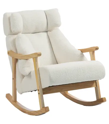 Mecedora Tapizada de Borreguito con Reposacabezas Ajustable y Patas de Madera 65x98x88 cm Crema