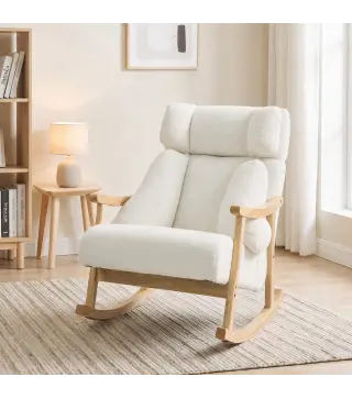 Mecedora Tapizada de Borreguito con Reposacabezas Ajustable y Patas de Madera 65x98x88 cm Crema