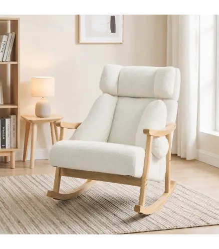 Mecedora Tapizada de Borreguito con Reposacabezas Ajustable y Patas de Madera 65x98x88 cm Crema