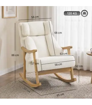 Mecedora Tapizada de Borreguito con Reposacabezas Ajustable y Patas de Madera 65x98x88 cm Crema