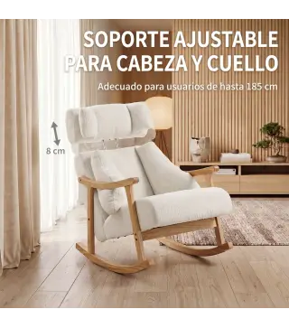 Mecedora Tapizada de Borreguito con Reposacabezas Ajustable y Patas de Madera 65x98x88 cm Crema
