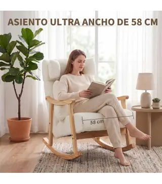 Mecedora Tapizada de Borreguito con Reposacabezas Ajustable y Patas de Madera 65x98x88 cm Crema