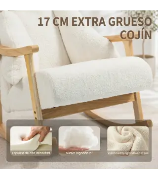 Mecedora Tapizada de Borreguito con Reposacabezas Ajustable y Patas de Madera 65x98x88 cm Crema