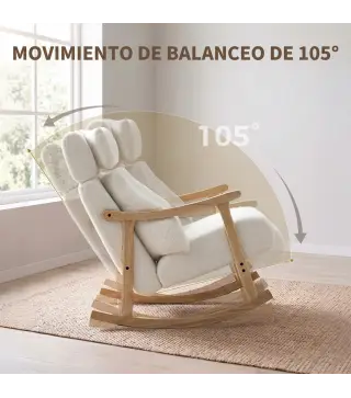 Mecedora Tapizada de Borreguito con Reposacabezas Ajustable y Patas de Madera 65x98x88 cm Crema