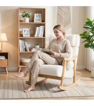 Mecedora Tapizada de Borreguito con Reposacabezas Ajustable y Patas de Madera 65x98x88 cm Crema