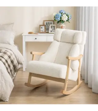 Mecedora Tapizada de Borreguito con Reposacabezas Ajustable y Patas de Madera 65x98x88 cm Crema