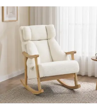 Mecedora Tapizada de Borreguito con Reposacabezas Ajustable y Patas de Madera 65x98x88 cm Crema