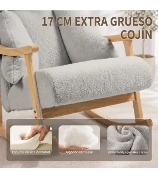 Mecedora Tapizada de Borreguito con Reposacabezas Ajustable y Patas de Madera 65x98x88 cm Gris Claro