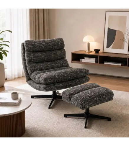 Sillón con Reposapiés de Altura Ajustable Sillón Lectura Giratorio 360° de Chenilla Asiento Ancho Acolchado Grueso Gris