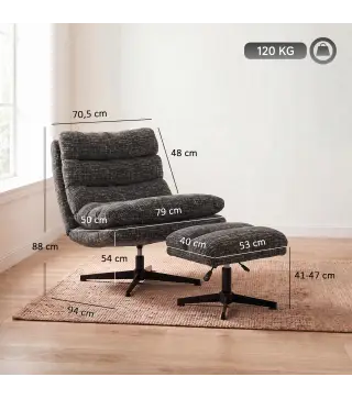 Sillón con Reposapiés de Altura Ajustable Sillón Lectura Giratorio 360° de Chenilla Asiento Ancho Acolchado Grueso Gris