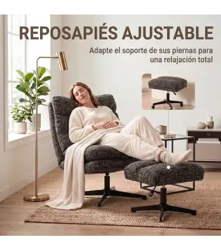 Sillón con Reposapiés de Altura Ajustable Sillón Lectura Giratorio 360° de Chenilla Asiento Ancho Acolchado Grueso Gris