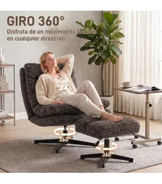 Sillón con Reposapiés de Altura Ajustable Sillón Lectura Giratorio 360° de Chenilla Asiento Ancho Acolchado Grueso Gris
