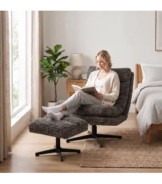 Sillón con Reposapiés de Altura Ajustable Sillón Lectura Giratorio 360° de Chenilla Asiento Ancho Acolchado Grueso Gris