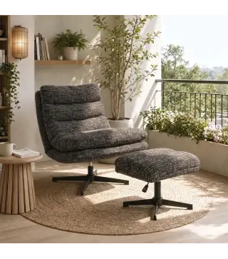 Sillón con Reposapiés de Altura Ajustable Sillón Lectura Giratorio 360° de Chenilla Asiento Ancho Acolchado Grueso Gris