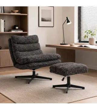 Sillón con Reposapiés de Altura Ajustable Sillón Lectura Giratorio 360° de Chenilla Asiento Ancho Acolchado Grueso Gris