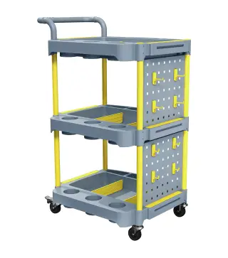 Carro de Herramientas con Ruedas de 3 Niveles con Panel Perforado 8 Ganchos para Garaje Taller Almacén Gris y Amarillo