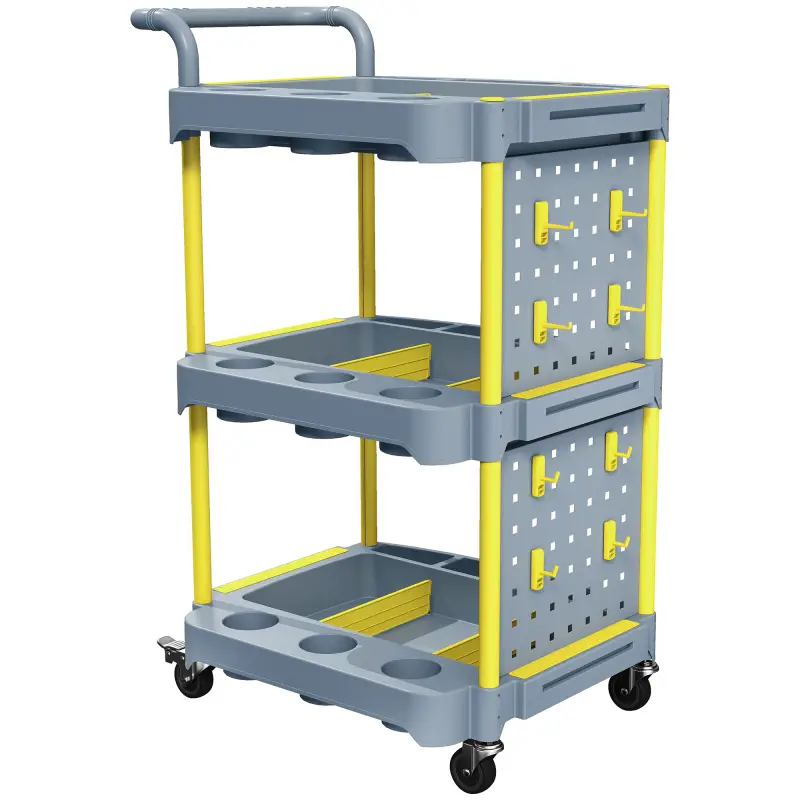 Carro de Herramientas con Ruedas de 3 Niveles con Panel Perforado 8 Ganchos para Garaje Taller Almacén Gris y Amarillo Carro de Herramientas con Ruedas de 3 Niveles con Panel Perforado 8 Ganchos para Garaje Taller Almacén Gris y Amarillo