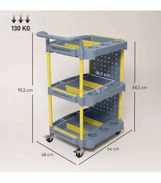 Carro de Herramientas con Ruedas de 3 Niveles con Panel Perforado 8 Ganchos para Garaje Taller Almacén Gris y Amarillo