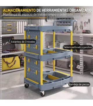 Carro de Herramientas con Ruedas de 3 Niveles con Panel Perforado 8 Ganchos para Garaje Taller Almacén Gris y Amarillo