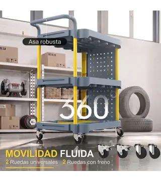 Carro de Herramientas con Ruedas de 3 Niveles con Panel Perforado 8 Ganchos para Garaje Taller Almacén Gris y Amarillo
