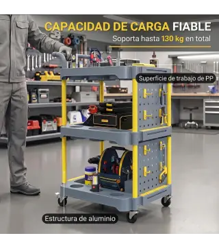 Carro de Herramientas con Ruedas de 3 Niveles con Panel Perforado 8 Ganchos para Garaje Taller Almacén Gris y Amarillo