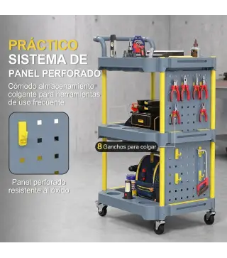 Carro de Herramientas con Ruedas de 3 Niveles con Panel Perforado 8 Ganchos para Garaje Taller Almacén Gris y Amarillo