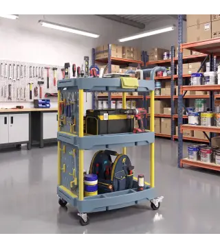 Carro de Herramientas con Ruedas de 3 Niveles con Panel Perforado 8 Ganchos para Garaje Taller Almacén Gris y Amarillo