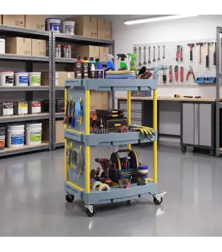 Carro de Herramientas con Ruedas de 3 Niveles con Panel Perforado 8 Ganchos para Garaje Taller Almacén Gris y Amarillo