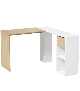 Escritorio Esquinero en L de 120x110 cm con Cajón y 2 Estantes para Oficina en Casa Estudio Blanco y Natural