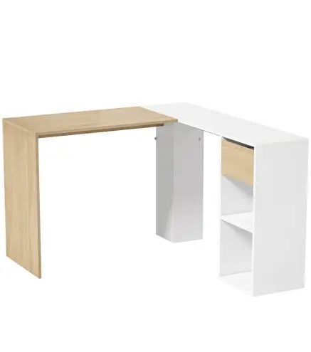 Escritorio Esquinero en L de 120x110 cm con Cajón y 2 Estantes para Oficina en Casa Estudio Blanco y Natural