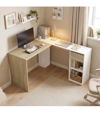 Escritorio Esquinero en L de 120x110 cm con Cajón y 2 Estantes para Oficina en Casa Estudio Blanco y Natural