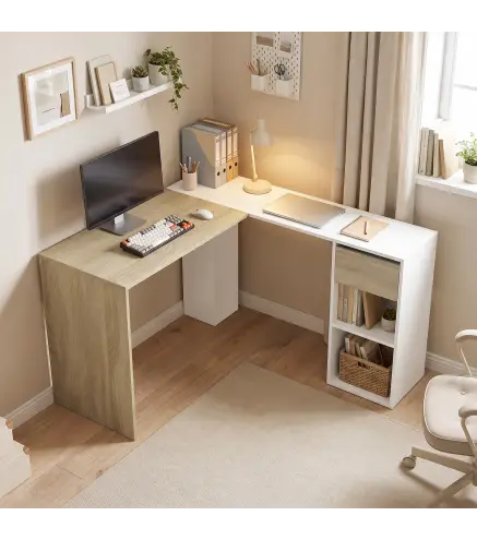 Escritorio Esquinero en L de 120x110 cm con Cajón y 2 Estantes para Oficina en Casa Estudio Blanco y Natural