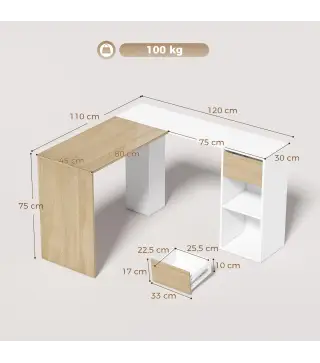 Escritorio Esquinero en L de 120x110 cm con Cajón y 2 Estantes para Oficina en Casa Estudio Blanco y Natural