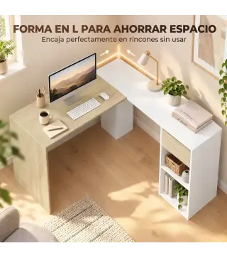 Escritorio Esquinero en L de 120x110 cm con Cajón y 2 Estantes para Oficina en Casa Estudio Blanco y Natural