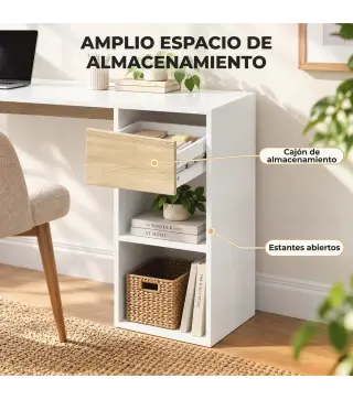 Escritorio Esquinero en L de 120x110 cm con Cajón y 2 Estantes para Oficina en Casa Estudio Blanco y Natural