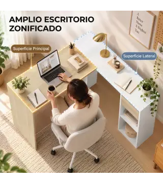 Escritorio Esquinero en L de 120x110 cm con Cajón y 2 Estantes para Oficina en Casa Estudio Blanco y Natural