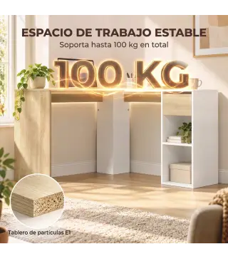 Escritorio Esquinero en L de 120x110 cm con Cajón y 2 Estantes para Oficina en Casa Estudio Blanco y Natural