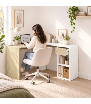 Escritorio Esquinero en L de 120x110 cm con Cajón y 2 Estantes para Oficina en Casa Estudio Blanco y Natural