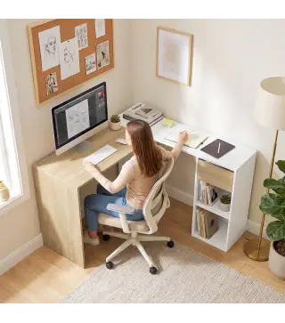Escritorio Esquinero en L de 120x110 cm con Cajón y 2 Estantes para Oficina en Casa Estudio Blanco y Natural