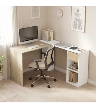 Escritorio Esquinero en L de 120x110 cm con Cajón y 2 Estantes para Oficina en Casa Estudio Blanco y Natural