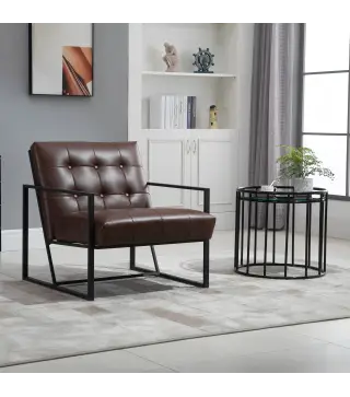 Sillón de Salón Moderna Butaca de Salón Tapizado en PU Asiento Amplio Marco de Metal para Dormitorio Salón Marrón