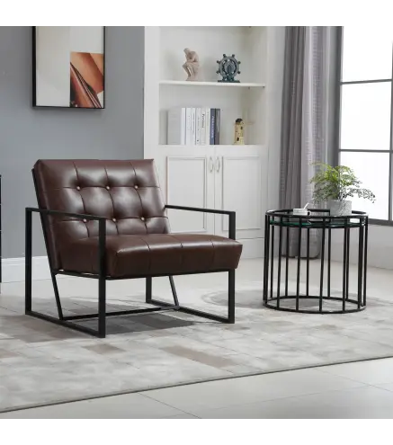 Sillón de Salón Moderna Butaca de Salón Tapizado en PU Asiento Amplio Marco de Metal para Dormitorio Salón Marrón