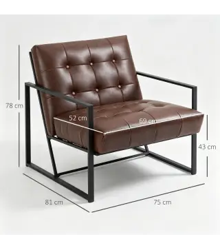 Sillón de Salón Moderna Butaca de Salón Tapizado en PU Asiento Amplio Marco de Metal para Dormitorio Salón Marrón