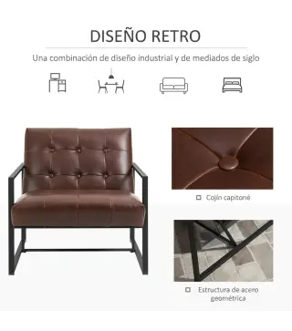 Sillón de Salón Moderna Butaca de Salón Tapizado en PU Asiento Amplio Marco de Metal para Dormitorio Salón Marrón