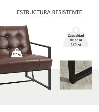 Sillón de Salón Moderna Butaca de Salón Tapizado en PU Asiento Amplio Marco de Metal para Dormitorio Salón Marrón