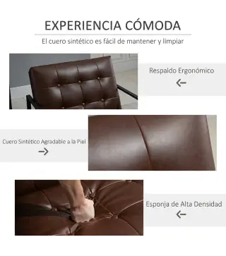 Sillón de Salón Moderna Butaca de Salón Tapizado en PU Asiento Amplio Marco de Metal para Dormitorio Salón Marrón